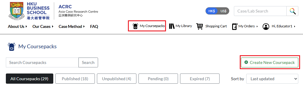 create new coursepack button
